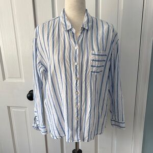 J. Jill Linen Light Blue and White Striped Button-Up Shirt